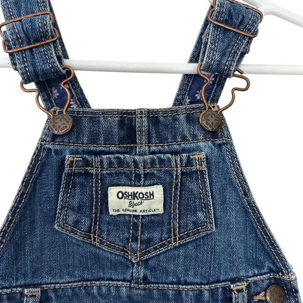 Oshkosh B'gosh Vestbak Overalls Floral Trim Baby Girl 6 Months Pockets Jean Blue